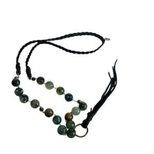 Handmade Boho Beaded Agate Necklace Braided Leather Cord Tassel Pendant Marie
